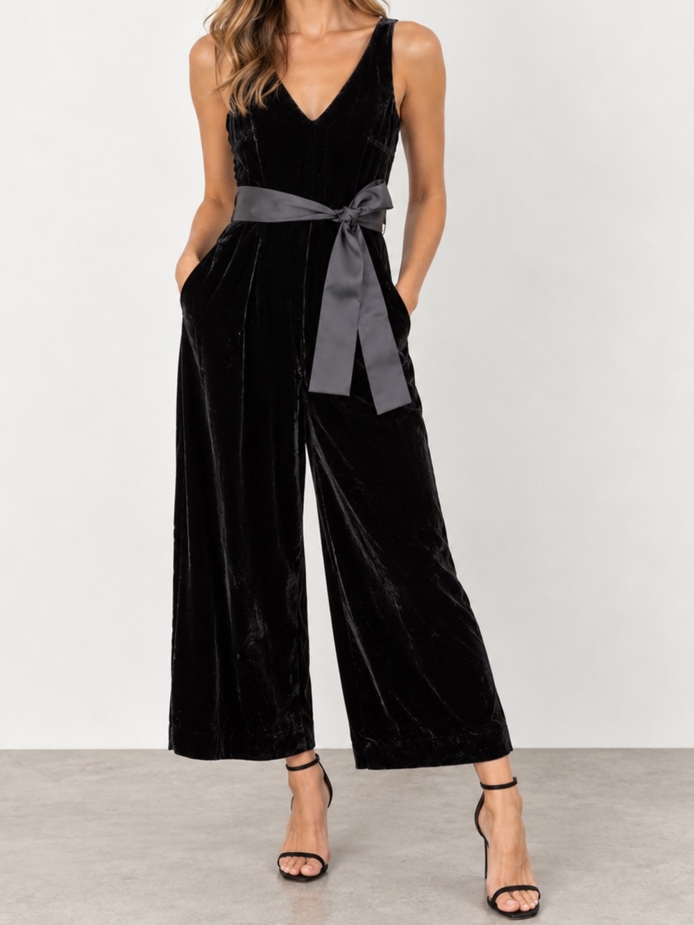 NWT J. Crew Black Velvet Wide Leg Jumpsuit Belted Sash Tie Dressy Pockets US 10